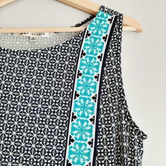 MAX STUDIO Geometric Blue Pattern Stretchy Faux Wrap Mini Dress Sz L - Picture 6 of 15